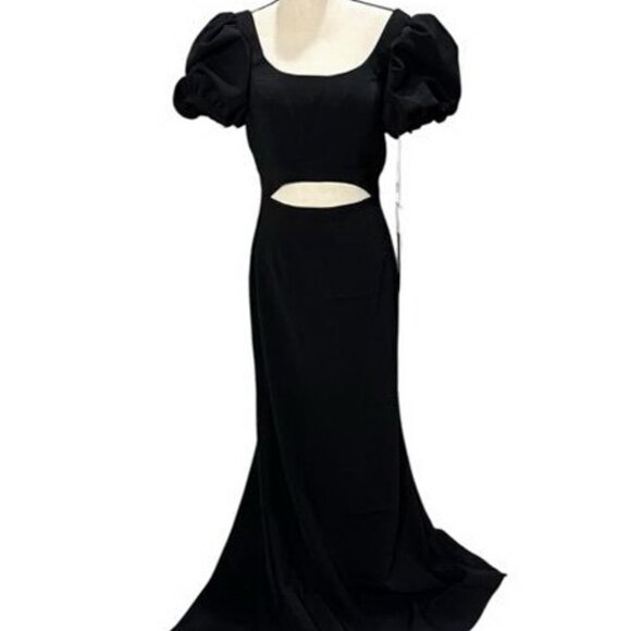 Jovani Black Puff Sleeve Midriff Cutout Evening Dress - Picture 1 of 4